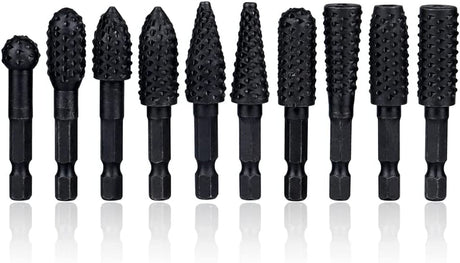 10 Pieces Rotary Burr Rasp Set, 1/4 Inch Hex Shank Quick Change Wood Carving Drill Bits Carbon Steel File Rasp DIY Woodworking Tool for Wood Plastic WoodArtSupply