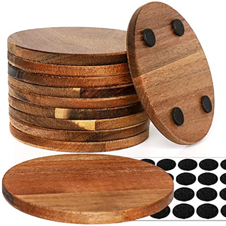 10 Pieces Unfinished Wood Coasters, 4 Inch Round Acacia Wooden Coasters for Crafts with Non-Slip Silicon Dots for DIY Stained Painting Wood Engraving Aweyka