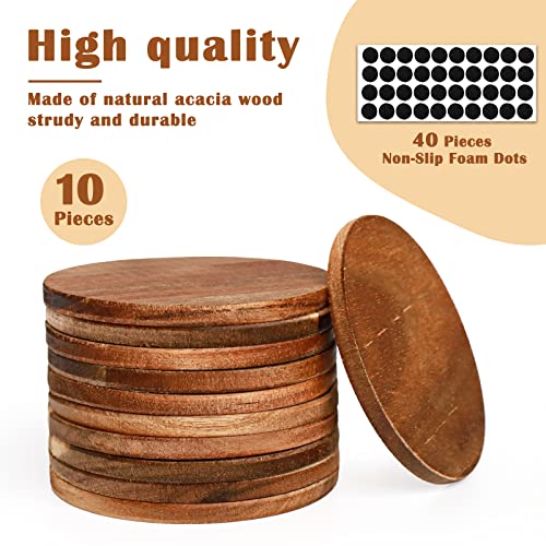 10 Pieces Unfinished Wood Coasters, 4 Inch Round Acacia Wooden Coasters for Crafts with Non-Slip Silicon Dots for DIY Stained Painting Wood Engraving Aweyka