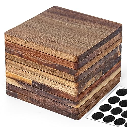 10 Pieces Unfinished Wood Coasters, 4 Inch Square Acacia Wooden Coasters for Crafts with Non-Slip Silicon Dots for DIY Stained Painting Wood Aweyka