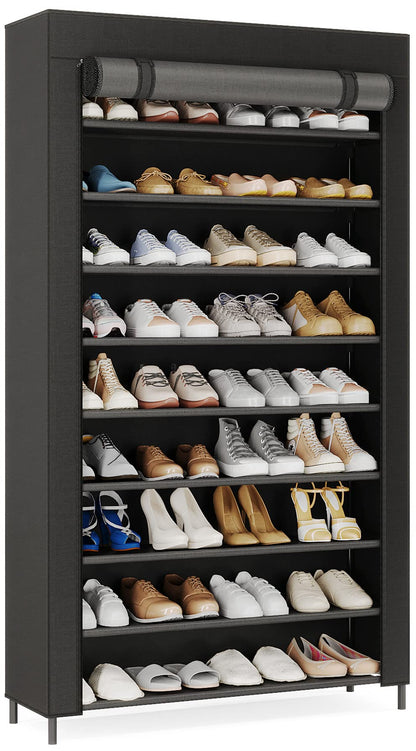 10 Tier Shoes Rack with Cover, Shoes Racks Organizer for Closet, Black Large Shoe Shelf for Entryway,50 Pair Large Shoe Stand, Non-Woven Shoe Storage Rack - WoodArtSupply