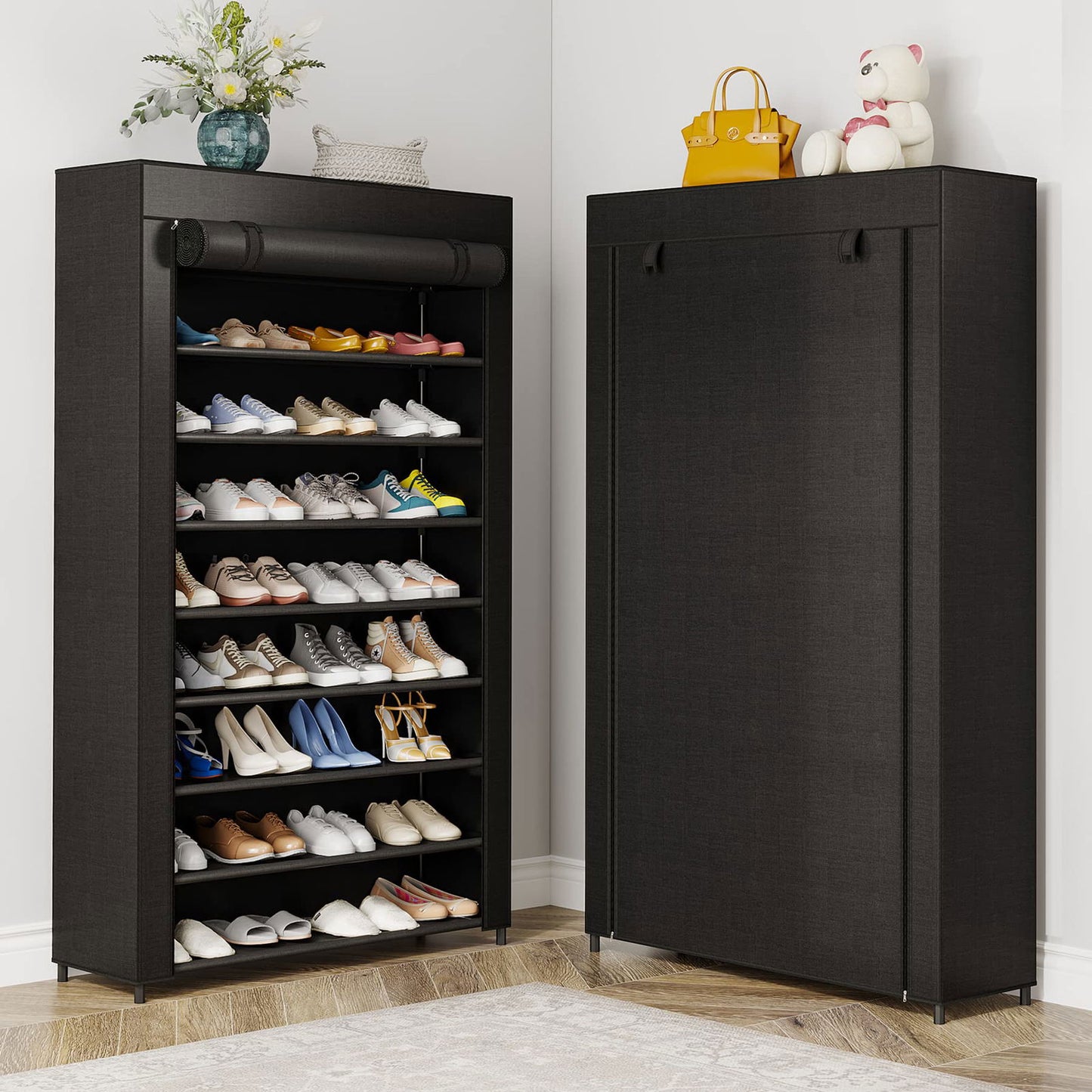 10 Tier Shoes Rack with Cover, Shoes Racks Organizer for Closet, Black Large Shoe Shelf for Entryway,50 Pair Large Shoe Stand, Non-Woven Shoe Storage Rack - WoodArtSupply