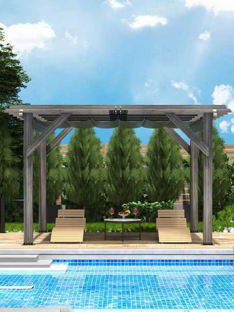 10'X 12' Cedar Wood Pergola with Solid Structure, Retractable Shade Canopy, Durable, Rot Resistant, Patio Pergola for Backyard, Deck, Garden, Outdoor Entertaining DEXSO