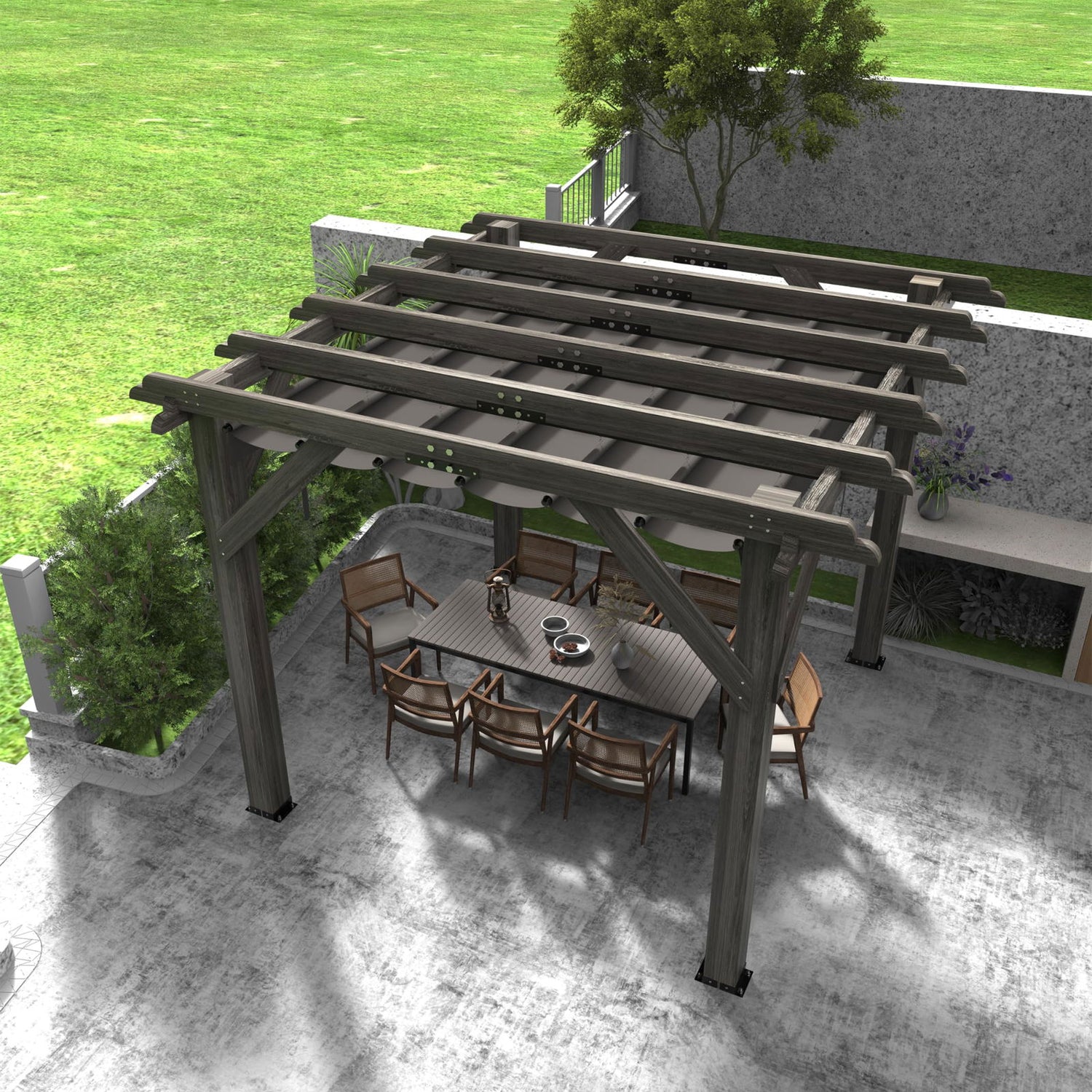 10'X 12' Cedar Wood Pergola with Solid Structure, Retractable Shade Canopy, Durable, Rot Resistant, Patio Pergola for Backyard, Deck, Garden, Outdoor Entertaining DEXSO