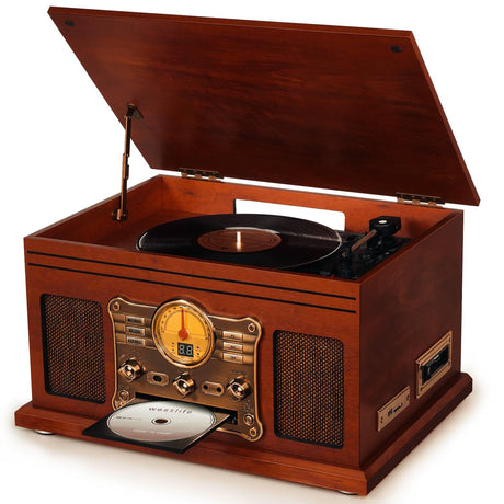 10 in 1 Bluetooth Record Player, 3-Speed Turntable for Vinyl with Speakers, LP to MP3 Converter, CD, Cassette Player, FM Radio, Wireless Streaming | Mahogany FEKTIK