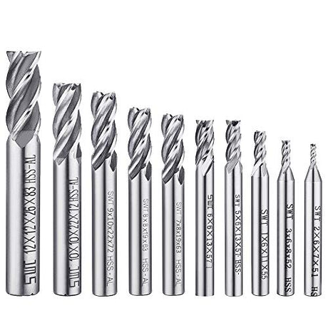 10 pcs 4-Flute End Mill Bits, AFUNTA 0.08" - 0.47" HSS CNC Straight Shank Drill Bits Cutter Tool Set for Wood Aluminum Steel Titanium AFUNTA