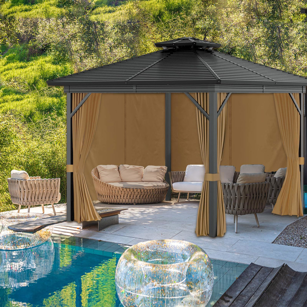 10'x12' Privacy Gazebo Curtains Outdoor Waterproof, 4-Panels Sidewall Curtains Universal Replacement with Zipper for Patio, Backyard, Garden (Only Curtains, Khaki) Mogtuo