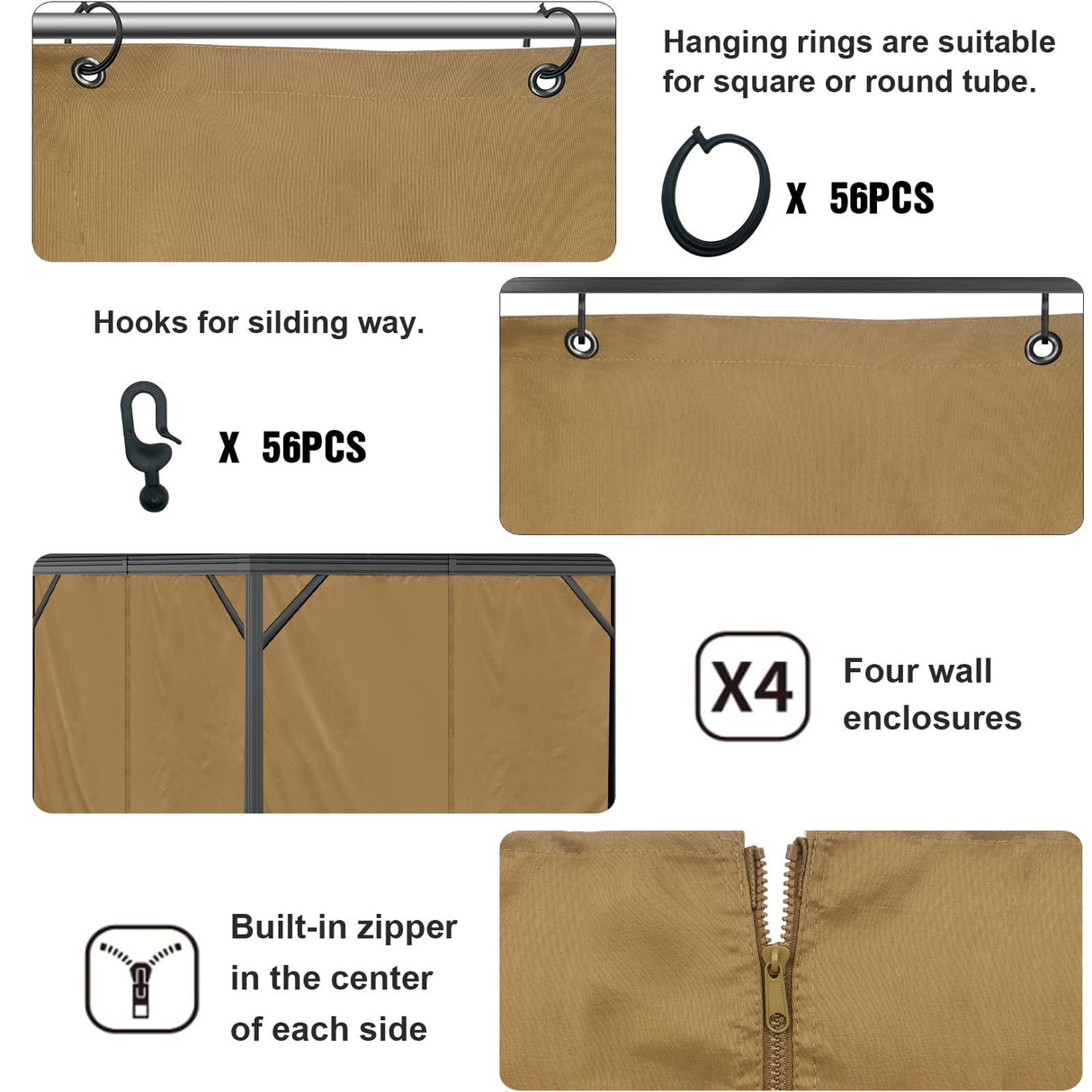 10'x12' Privacy Gazebo Curtains Outdoor Waterproof, 4-Panels Sidewall Curtains Universal Replacement with Zipper for Patio, Backyard, Garden (Only Curtains, Khaki) Mogtuo