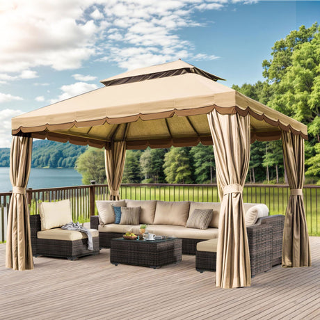10'×13' Outdoor Gazebo, Patio Gazebo Canopy Tent Heavy Duty with Double Hard Top Roofs, Gazebo Tent Canopy with Mosquito Netting and Privacy Screen Curtains for Deck Backyard Lawn and Garden (Beige) gaildon