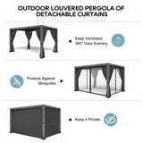 10' ×13' Outdoor Louvered Pergola, Aluminum Outdoor Louvered Pergola Patio with Adjustable Roof for Outdoor Deck (Black with Curtain) GS CHIER