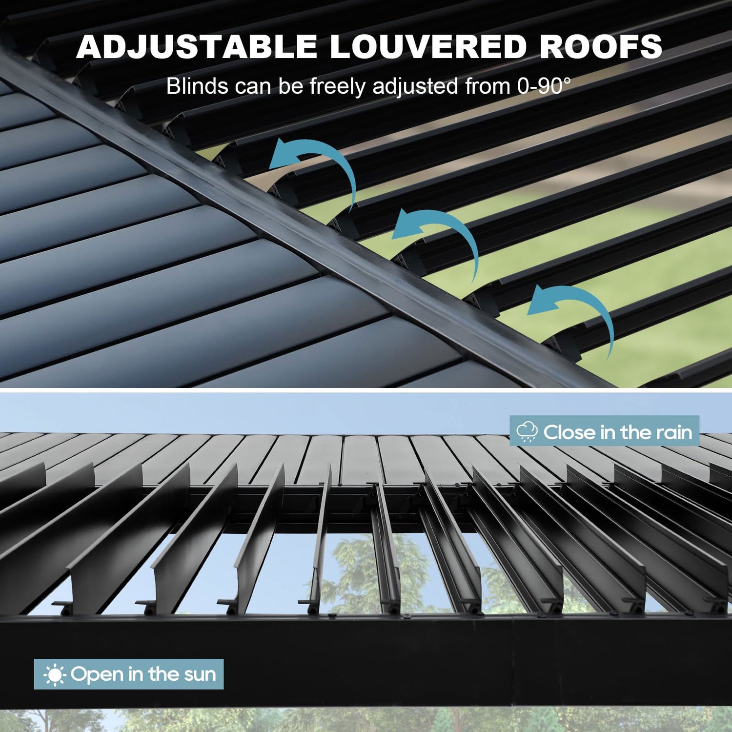 10' ×13' Outdoor Louvered Pergola, Aluminum Outdoor Louvered Pergola Patio with Adjustable Roof for Outdoor Deck (Black with Curtain) GS CHIER