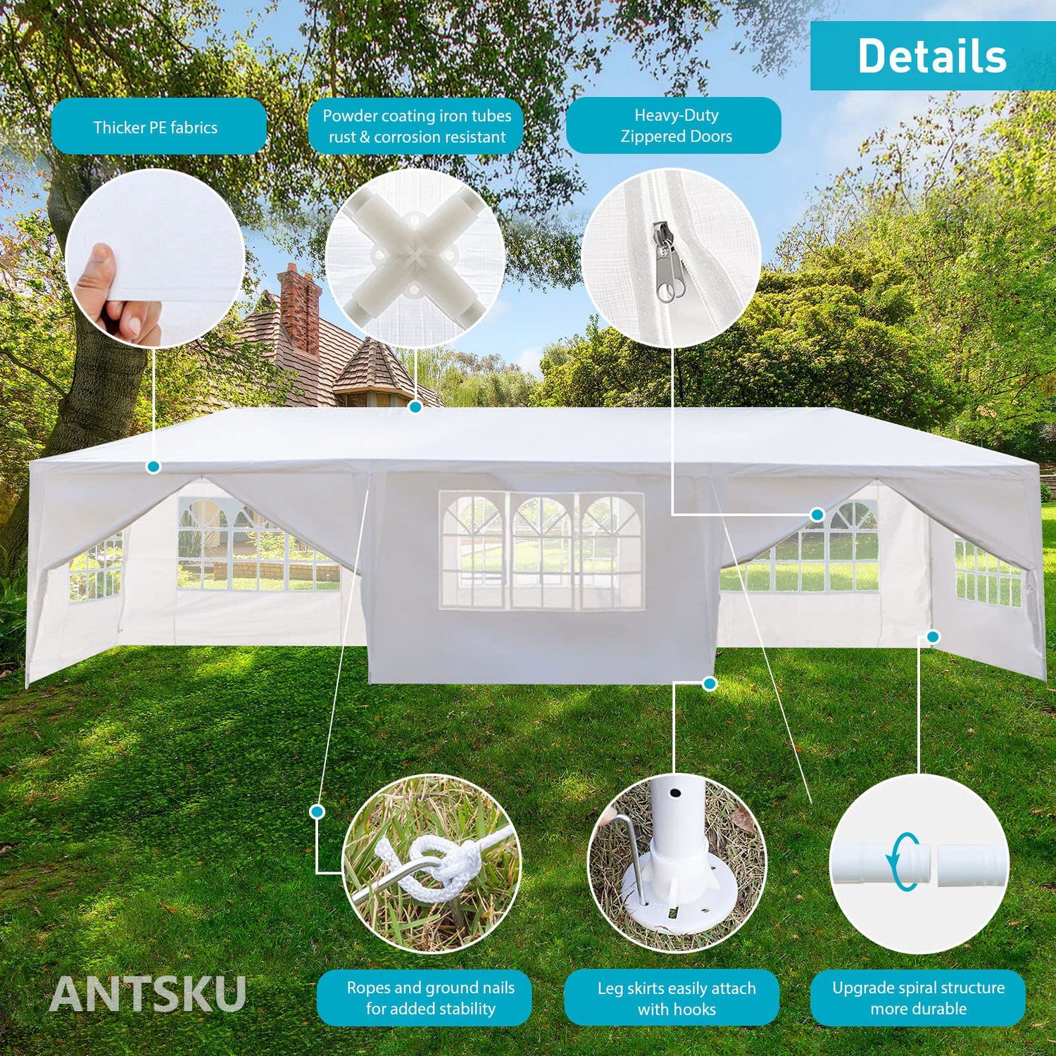 10'x30' Outdoor Party Tent, Large Tents for Parties, Wedding, Graduation and Birthday, White Event Tents with 8 Sidewalls & 2 Zipper Doors, Outside Gazebo Tent for Garden and Backyard ANTSKU