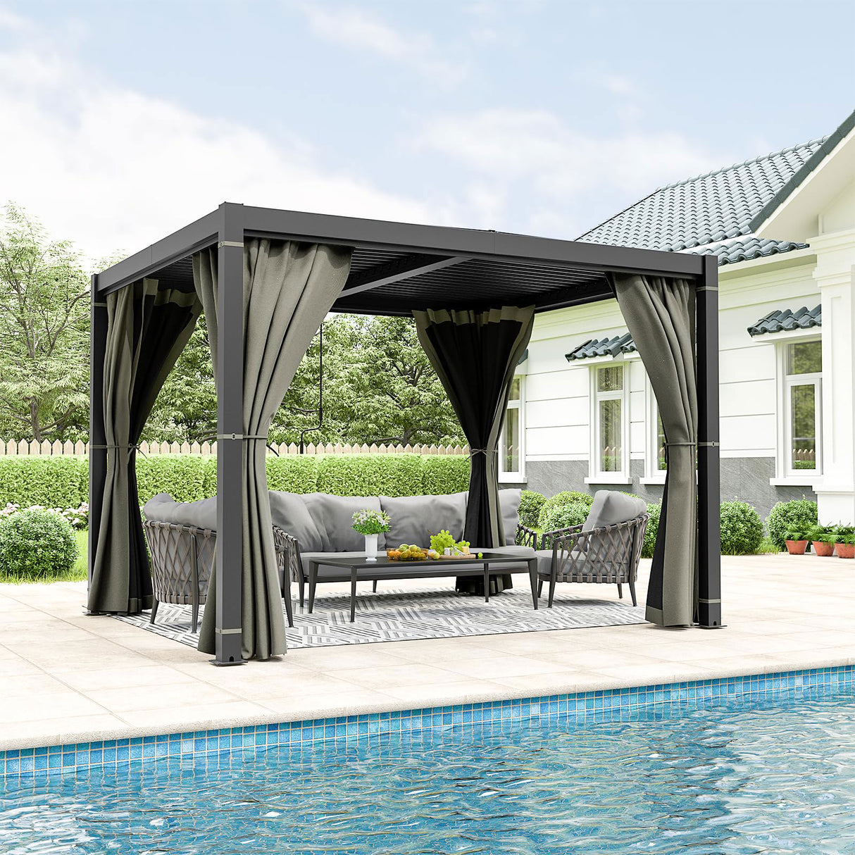 10 x 10 FT Outdoor Louvered Pergola, Pergola with Adjustable Aluminum Rainproof Roof, Gazebo Sun Shade Shelter for Patio Deck Garden Yard, Curtains and Netting Included, Gray VONZOY