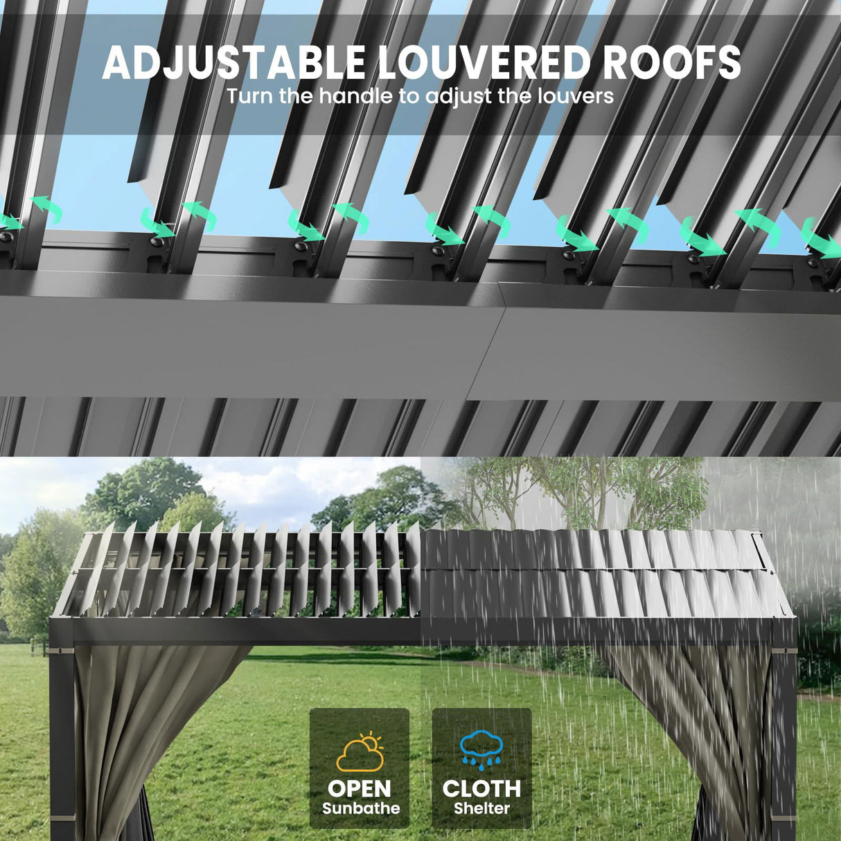 10 x 10 FT Outdoor Louvered Pergola, Pergola with Adjustable Aluminum Rainproof Roof, Gazebo Sun Shade Shelter for Patio Deck Garden Yard, Curtains and Netting Included, Gray VONZOY