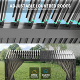10 x 10 FT Outdoor Louvered Pergola, Pergola with Adjustable Aluminum Rainproof Roof, Gazebo Sun Shade Shelter for Patio Deck Garden Yard, Curtains and Netting Included, Gray VONZOY