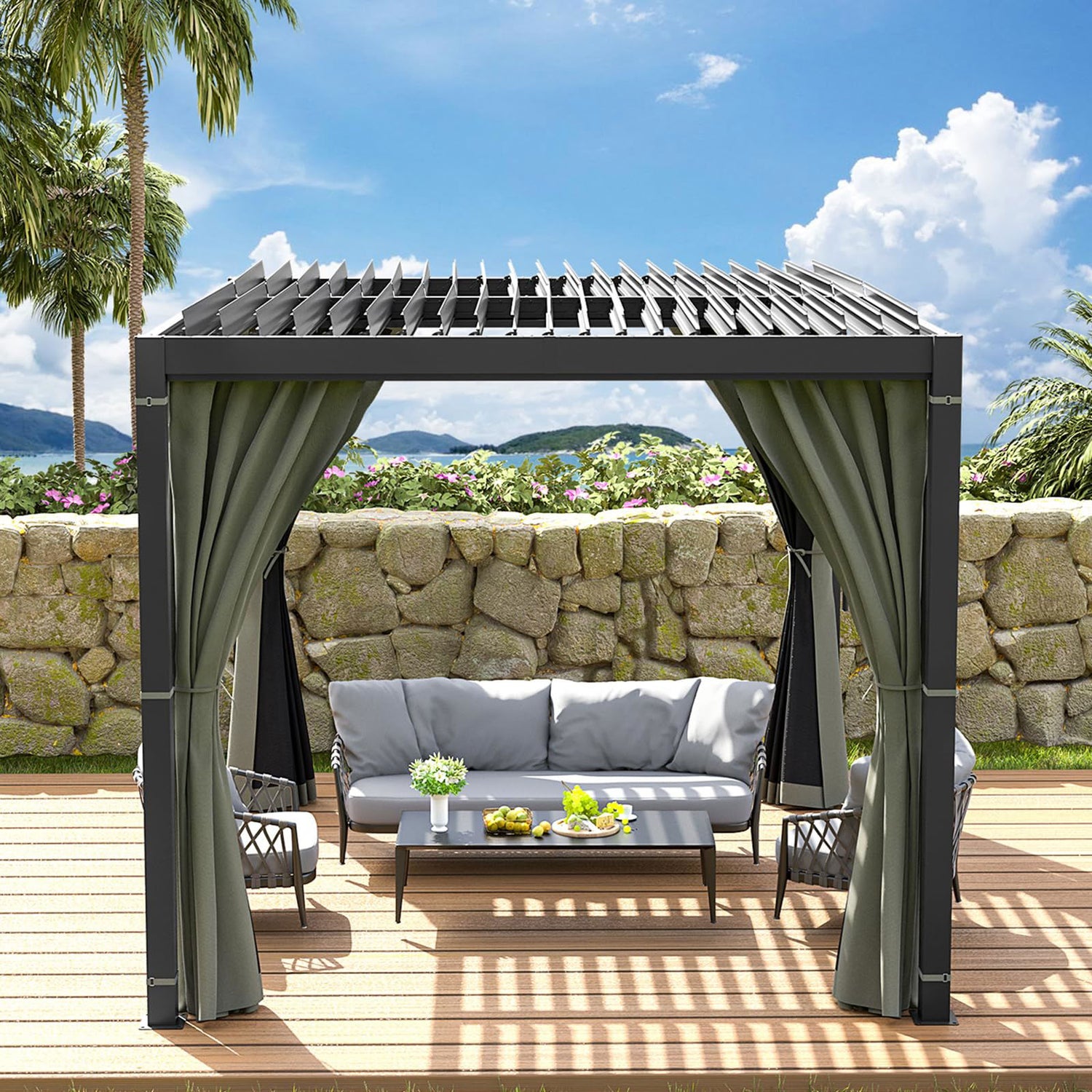 10 x 10 FT Outdoor Louvered Pergola, Pergola with Adjustable Aluminum Rainproof Roof, Gazebo Sun Shade Shelter for Patio Deck Garden Yard, Curtains and Netting Included, Gray VONZOY