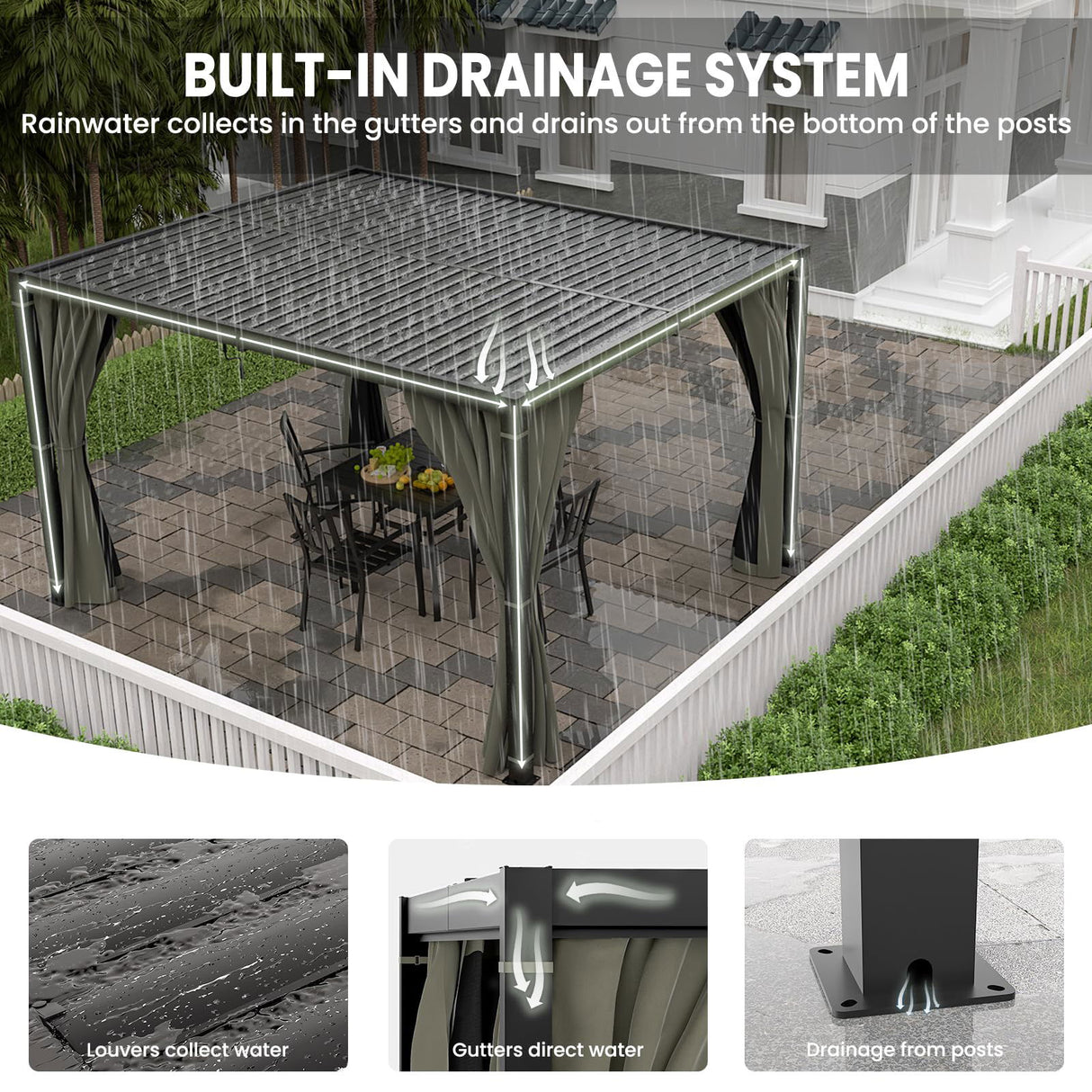 10 x 10 FT Outdoor Louvered Pergola, Pergola with Adjustable Aluminum Rainproof Roof, Gazebo Sun Shade Shelter for Patio Deck Garden Yard, Curtains and Netting Included, Gray VONZOY