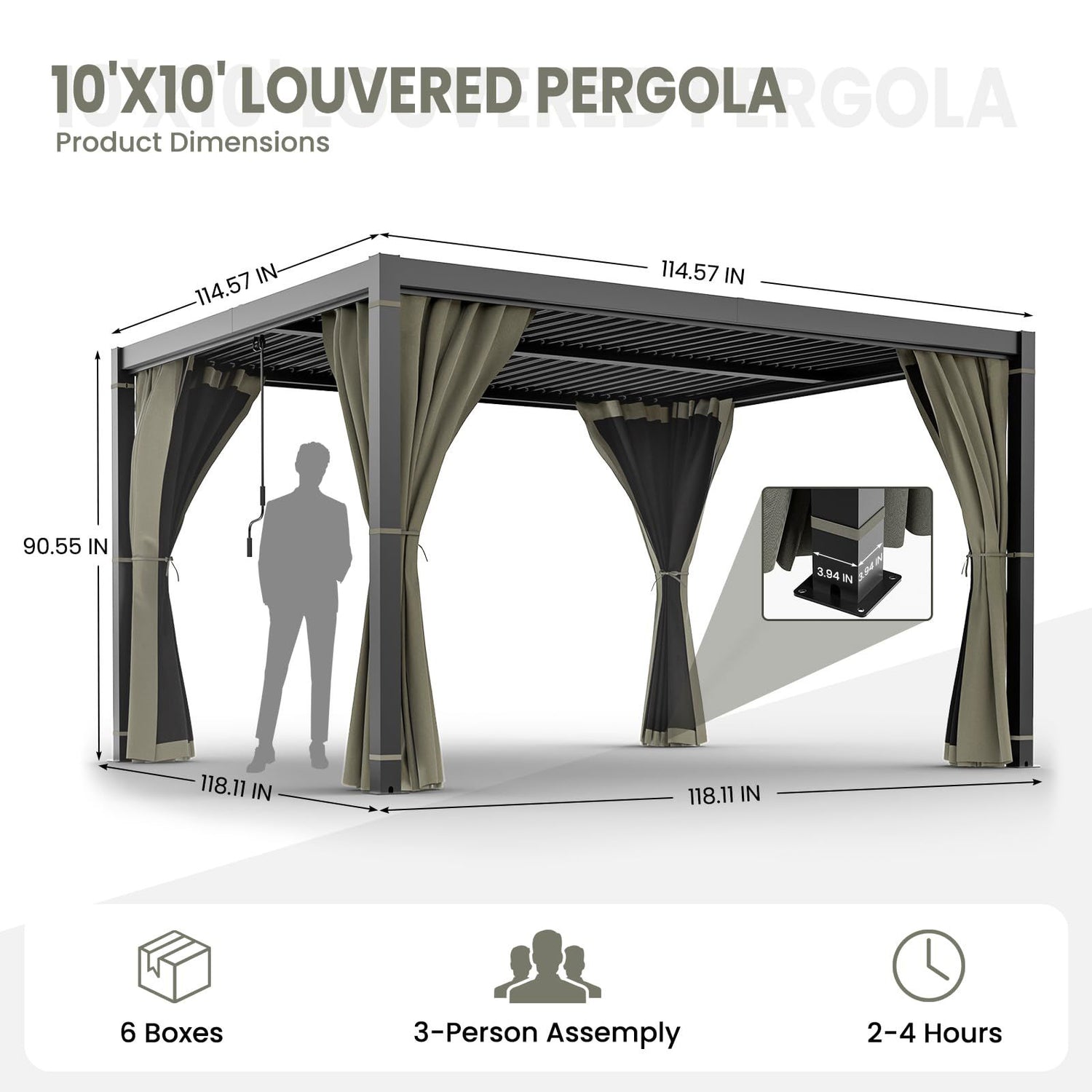 10 x 10 FT Outdoor Louvered Pergola, Pergola with Adjustable Aluminum Rainproof Roof, Gazebo Sun Shade Shelter for Patio Deck Garden Yard, Curtains and Netting Included, Gray VONZOY