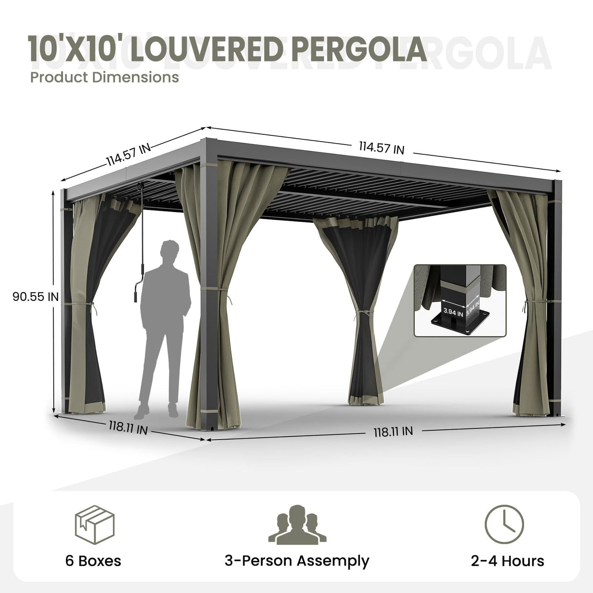 10 x 10 FT Outdoor Louvered Pergola, Pergola with Adjustable Aluminum Rainproof Roof, Gazebo Sun Shade Shelter for Patio Deck Garden Yard, Curtains and Netting Included, Gray VONZOY