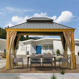 10' x 12' Hardtop Gazebo Outdoor Aluminum Wood Grain Gazebos with Galvanized Steel Double Canopy for Patios Deck Backyard,Curtains&Netting by domi domi outdoor living