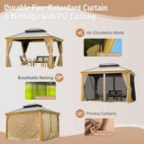 10' x 12' Hardtop Gazebo Outdoor Aluminum Wood Grain Gazebos with Galvanized Steel Double Canopy for Patios Deck Backyard,Curtains&Netting by domi domi outdoor living