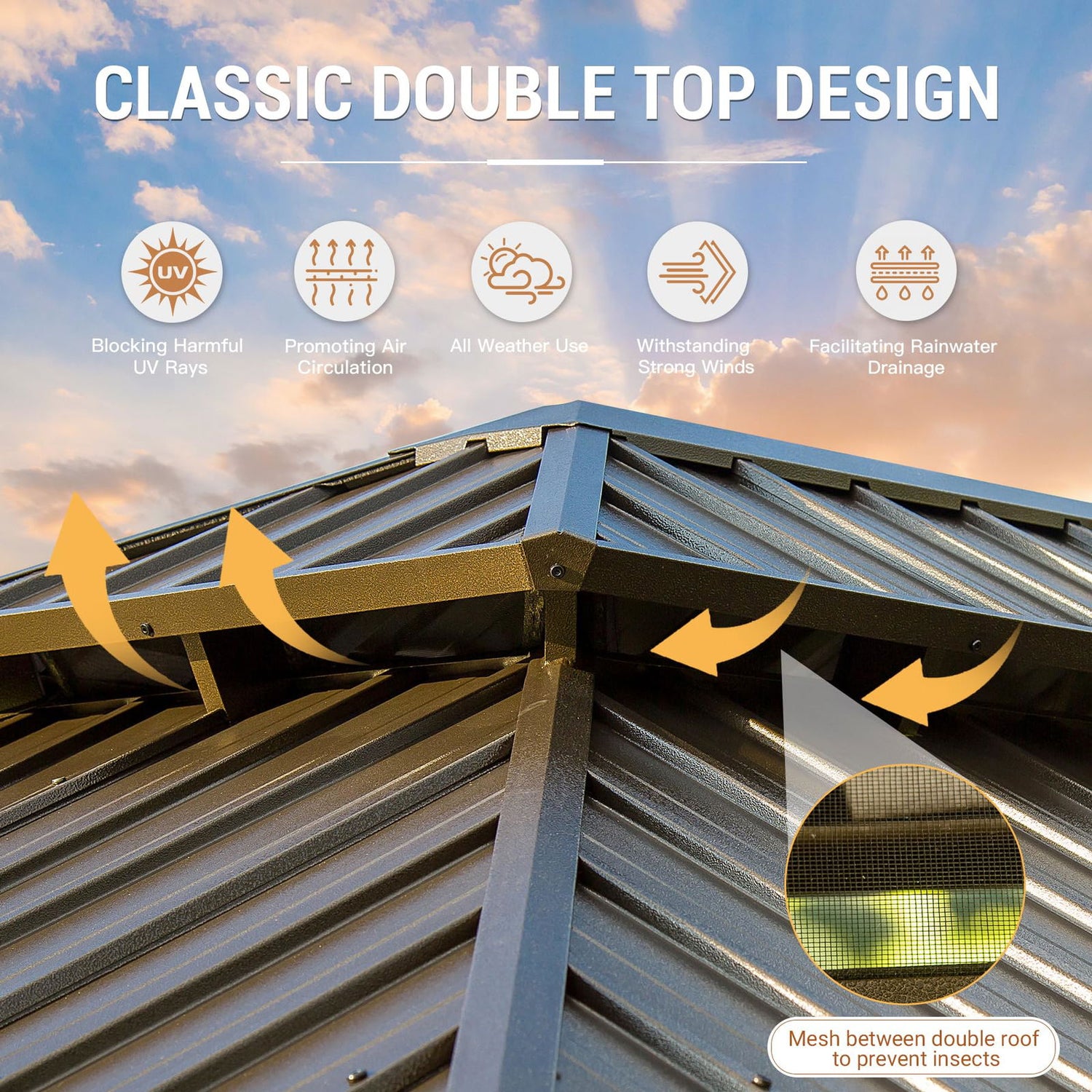 10' x 12' Hardtop Gazebo Outdoor Aluminum Wood Grain Gazebos with Galvanized Steel Double Canopy for Patios Deck Backyard,Curtains&Netting by domi domi outdoor living