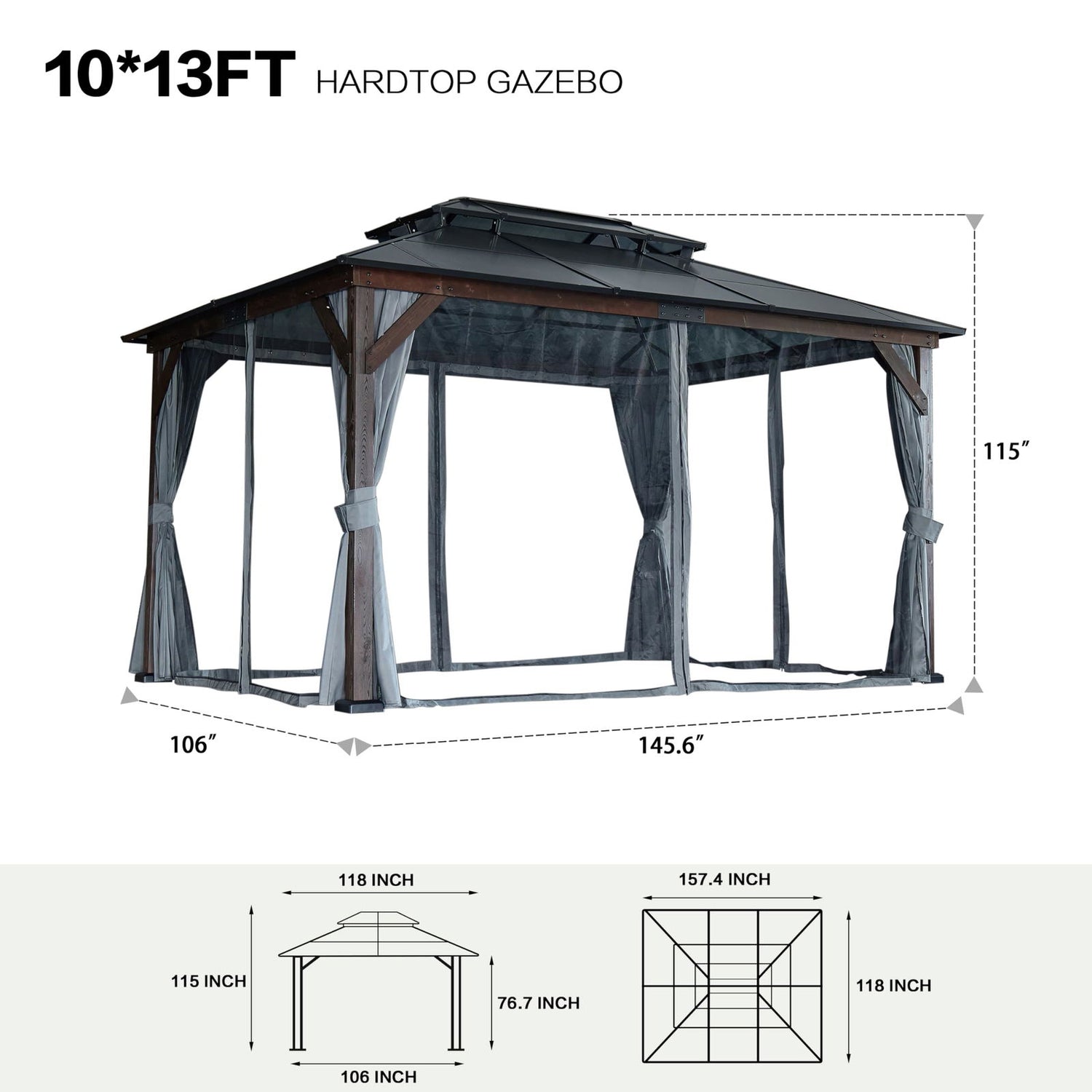 10' x 13' Hardtop Cedar Wood Gazebo for Patios, Outdoor Cedar Framed Gazebo with Double Metal Roof, Solid Wooden Framed Gazebo with Privacy Curtains and Mosquito Nettings for Garden (Black+Brown-10) Tdewlye