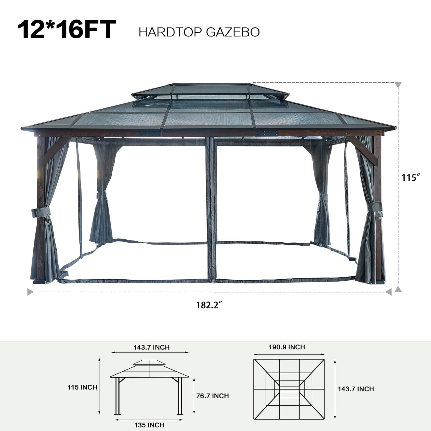 10' x 13' Hardtop Cedar Wood Gazebo for Patios, Outdoor Cedar Framed Gazebo with Double Metal Roof, Solid Wooden Framed Gazebo with Privacy Curtains and Mosquito Nettings for Garden, Backyard YESGIGA