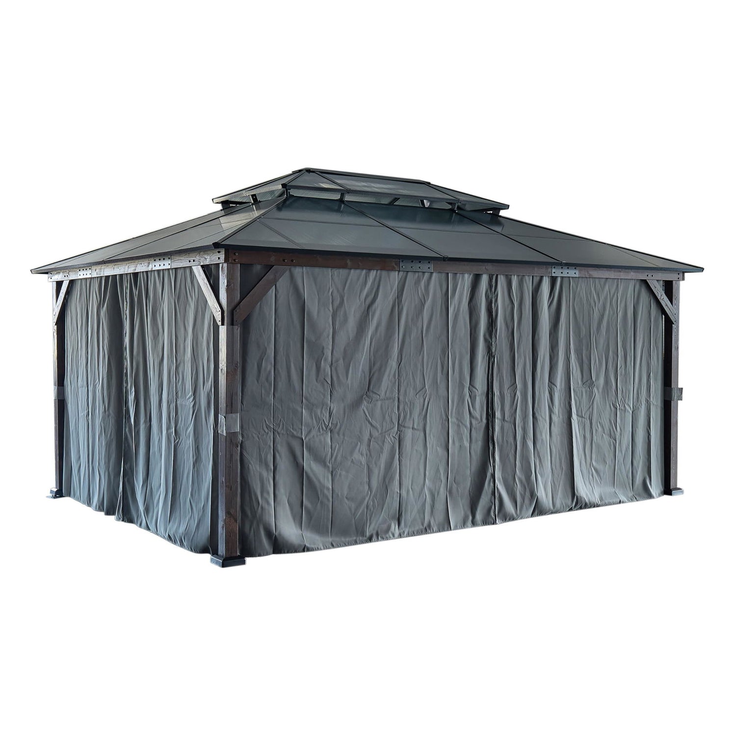 10' x 13' Hardtop Cedar Wood Gazebo for Patios, Outdoor Cedar Framed Gazebo with Double Metal Roof, Solid Wooden Framed Gazebo with Privacy Curtains and Mosquito Nettings for Garden (Black+Brown-10) Tdewlye