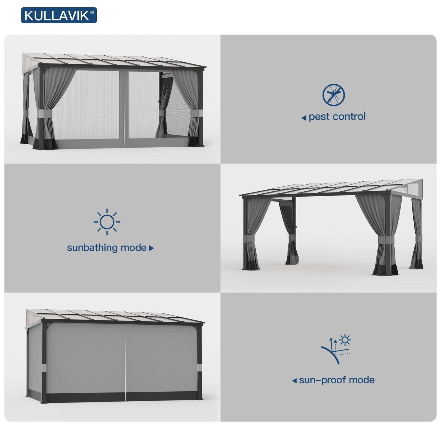 10' x 14' Hardtop Gazebo for Patio,Gazebo Pergola with Sloping Polycarbonate Pitched Roof,Durable Aluminum Frame & Netting Curtain,Large Wall-Mounted Heavy Duty Awnings for Patio,Decks,Backyard,Grey Kullavik