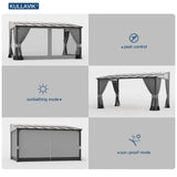 10' x 14' Hardtop Gazebo for Patio,Gazebo Pergola with Sloping Polycarbonate Pitched Roof,Durable Aluminum Frame & Netting Curtain,Large Wall-Mounted Heavy Duty Awnings for Patio,Decks,Backyard,Grey Kullavik