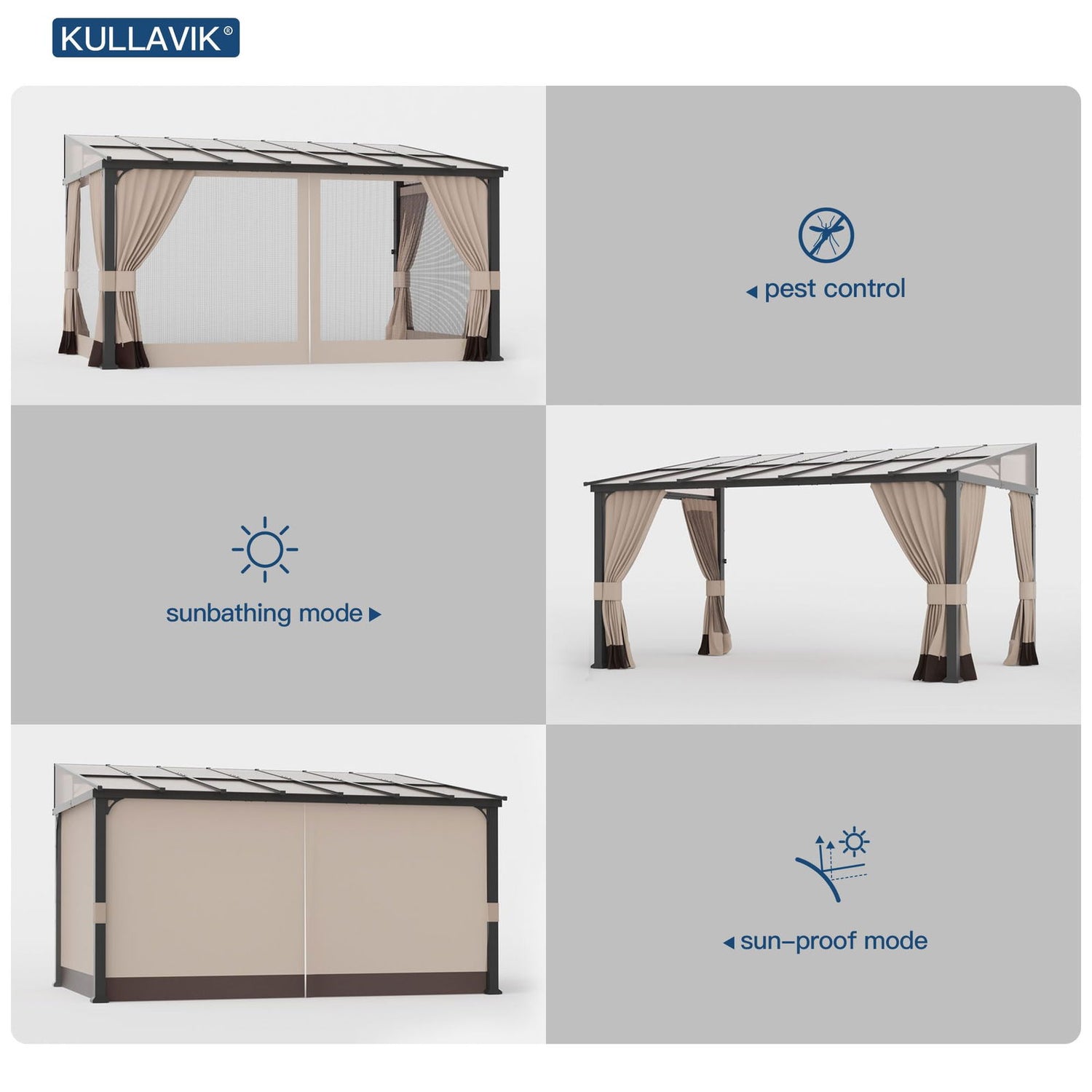 10' x 14' Hardtop Gazebo for Patio,Gazebo Pergola with Sloping Polycarbonate Pitched Roof,Durable Aluminum Frame & Netting Curtain,Large Wall-Mounted Heavy Duty Awnings for Patio,Decks,Backyard,Sand Kullavik