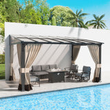 10' x 14' Hardtop Gazebo for Patio,Gazebo Pergola with Sloping Polycarbonate Pitched Roof,Durable Aluminum Frame & Netting Curtain,Large Wall-Mounted Heavy Duty Awnings for Patio,Decks,Backyard,Sand Kullavik