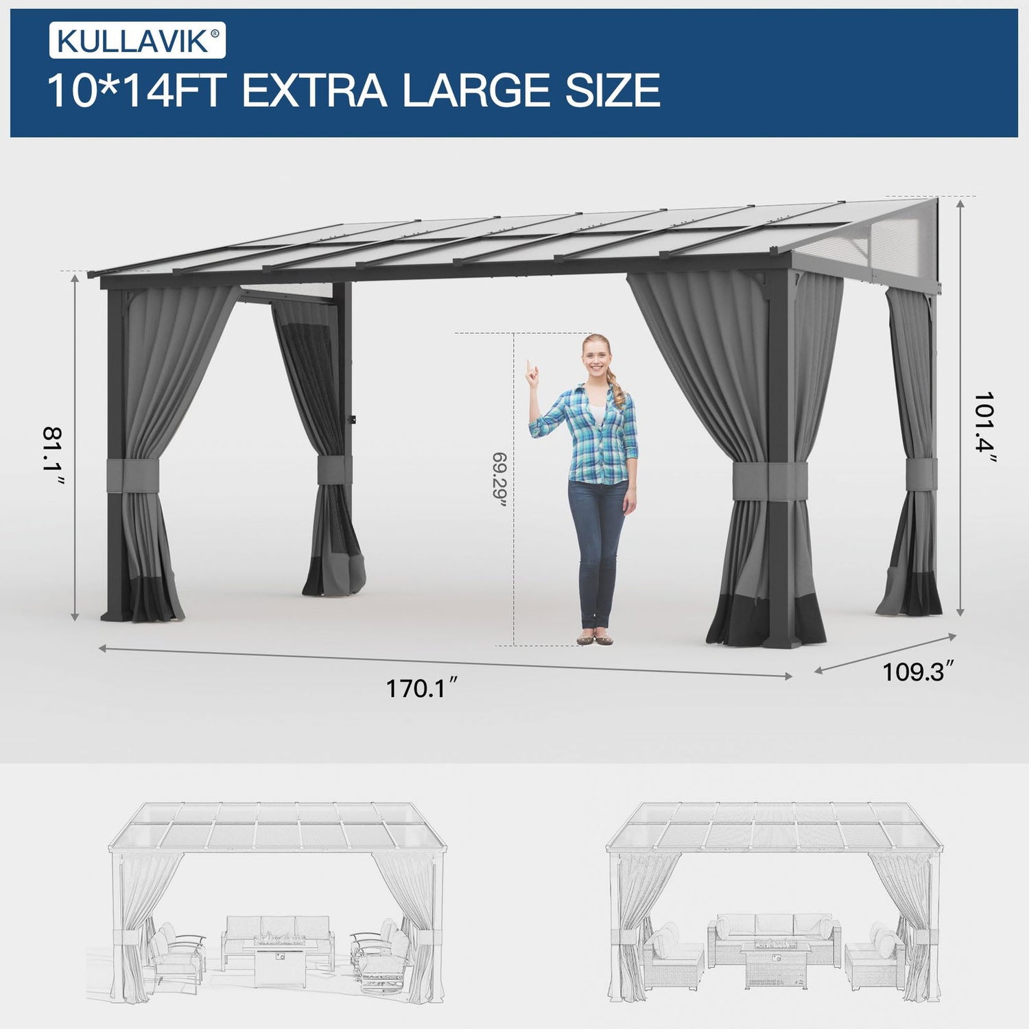 10' x 14' Hardtop Gazebo for Patio,Gazebo Pergola with Sloping Polycarbonate Pitched Roof,Durable Aluminum Frame & Netting Curtain,Large Wall-Mounted Heavy Duty Awnings for Patio,Decks,Backyard,Grey Kullavik