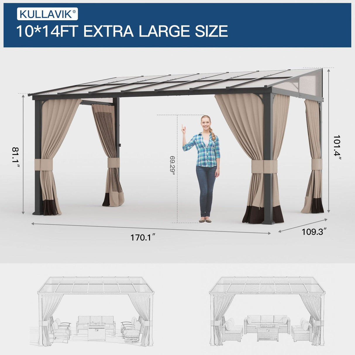 10' x 14' Hardtop Gazebo for Patio,Gazebo Pergola with Sloping Polycarbonate Pitched Roof,Durable Aluminum Frame & Netting Curtain,Large Wall-Mounted Heavy Duty Awnings for Patio,Decks,Backyard,Sand Kullavik