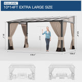 10' x 14' Hardtop Gazebo for Patio,Gazebo Pergola with Sloping Polycarbonate Pitched Roof,Durable Aluminum Frame & Netting Curtain,Large Wall-Mounted Heavy Duty Awnings for Patio,Decks,Backyard,Sand Kullavik