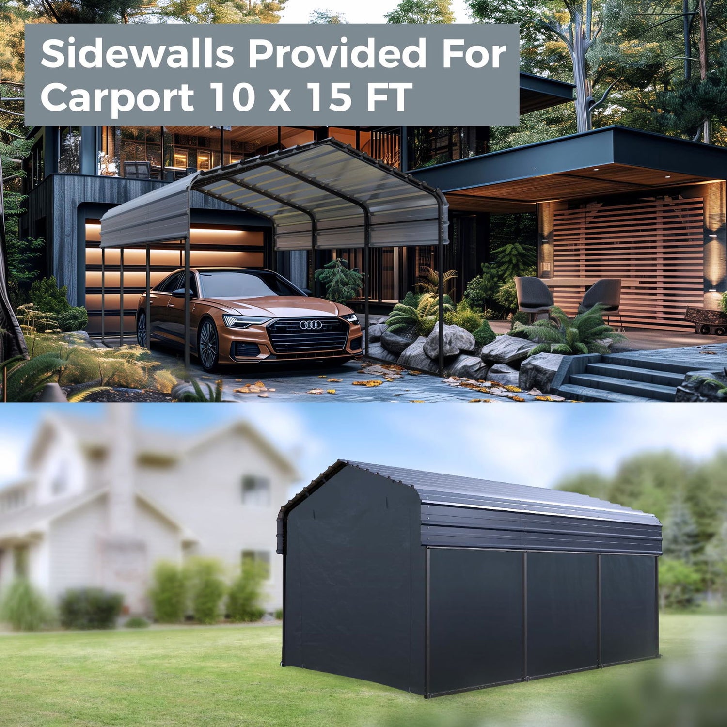 10 x 15 ft Metal Carport Kits with Galvanized Steel Roof & Removable Sidewalls, Heavy Duty Metal Carport Canopy, Outdoor Car Tent Metal Garage Shelter for Car, SUV, Truck and Boats, Gray GREEN PARTY