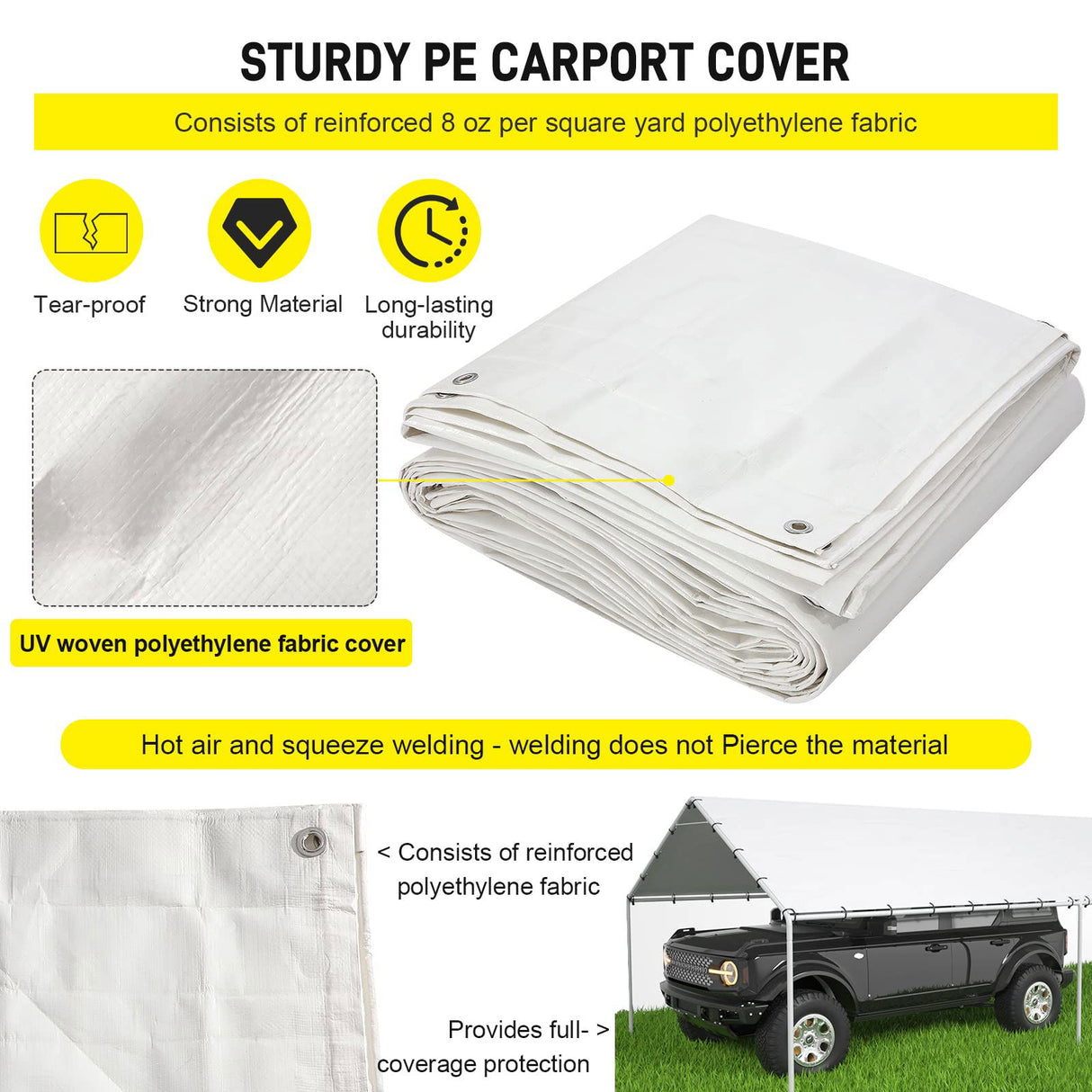 10 x 20 Ft Carport Replacement Canopy Cover Garage Top Tent Shelter Tarp with Free 48 Ball Bungee Cords,White(Only Cover, Frame Not Include) DWALE