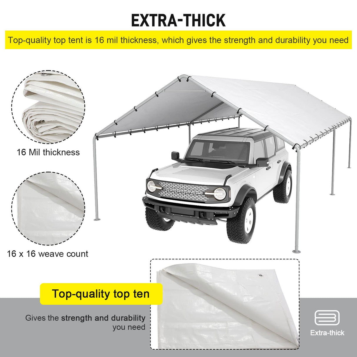 10 x 20 Ft Carport Replacement Canopy Cover Garage Top Tent Shelter Tarp with Free 48 Ball Bungee Cords,White(Only Cover, Frame Not Include) DWALE