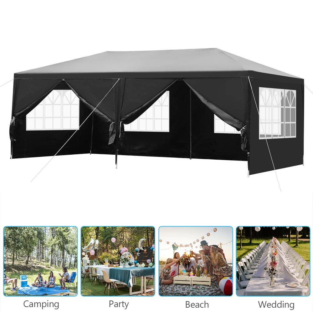 10' x 20' Party Tent,Wedding Tent with 6 Removable Sidewalls, Patio Canopy Tent, Outdoor Patio Gazebo with Spiral Tubes for Party,Wedding,BBQ, Waterproof (10'X20'-with 6 Removable Sidewalls, Black) CIPACHO