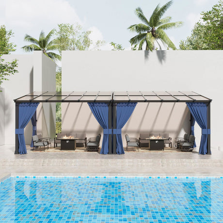 10' x 24' Hardtop Gazebo for Patio,Gazebo Pergola with Sloping Polycarbonate Pitched Roof,Durable Aluminum Frame & Netting Curtain,Large Wall-Mounted Heavy Duty Awnings for Patio,Decks,Backyard,Blue Kullavik