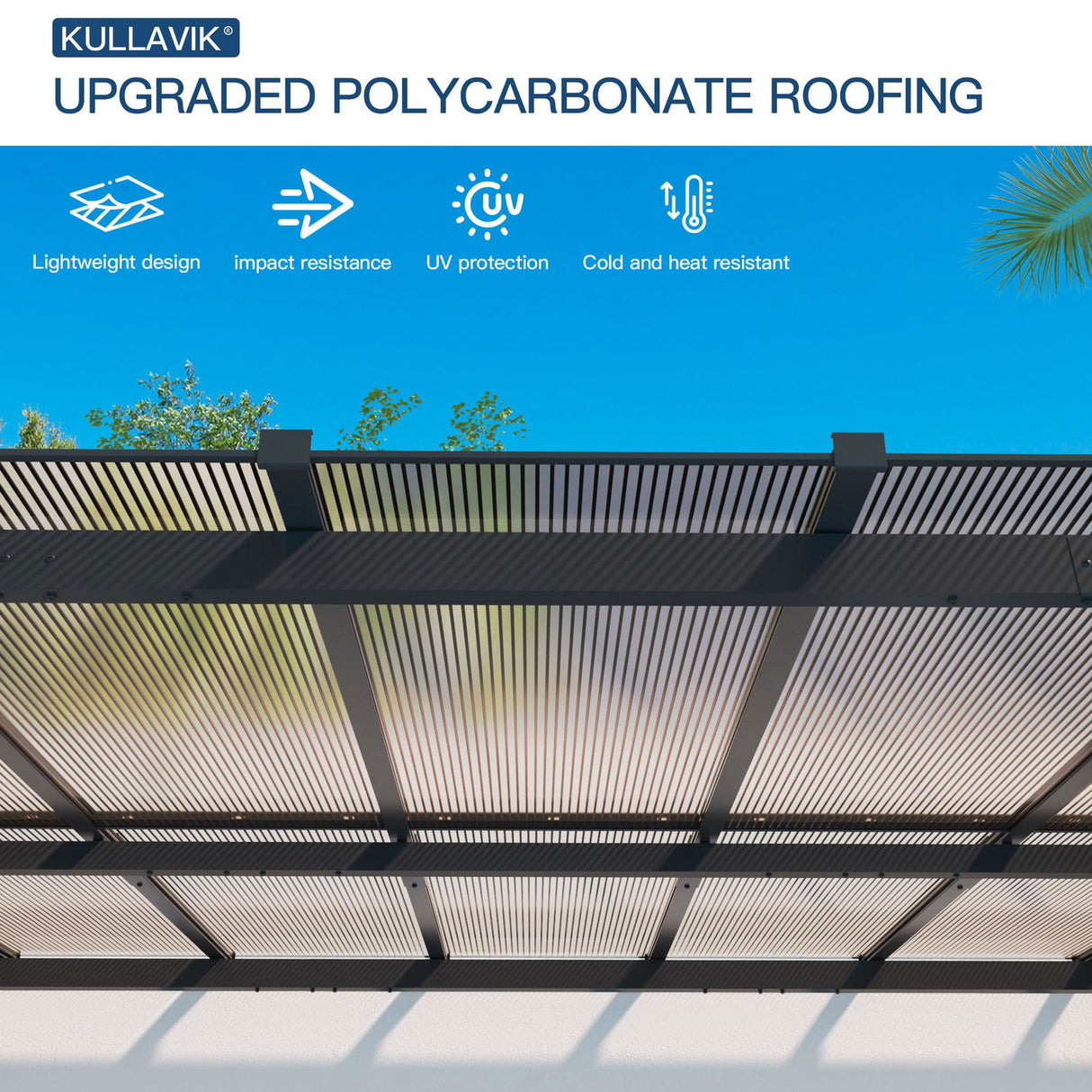 10' x 24' Hardtop Gazebo for Patio,Gazebo Pergola with Sloping Polycarbonate Pitched Roof,Durable Aluminum Frame & Netting Curtain,Large Wall-Mounted Heavy Duty Awnings for Patio,Decks,Backyard,Blue Kullavik