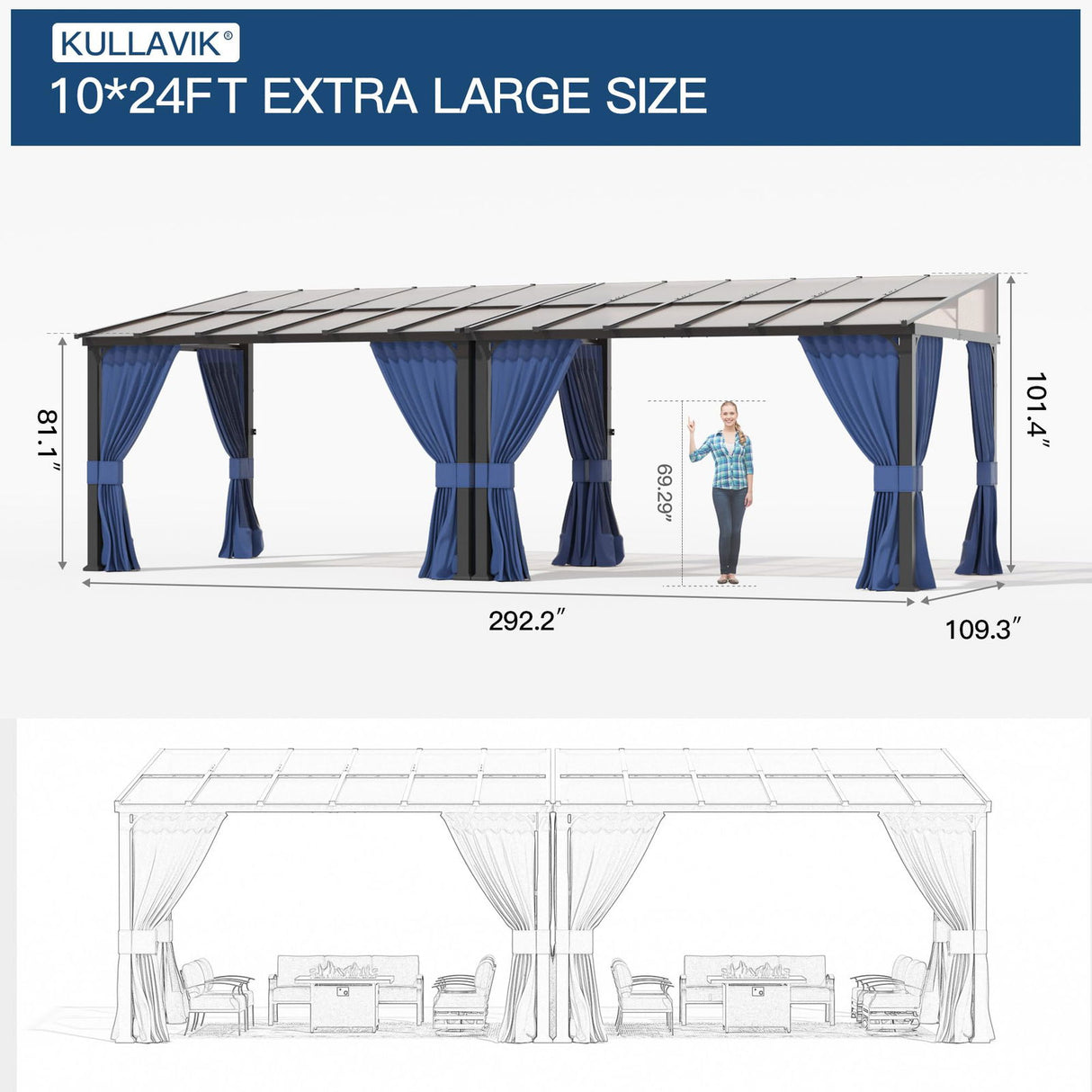 10' x 24' Hardtop Gazebo for Patio,Gazebo Pergola with Sloping Polycarbonate Pitched Roof,Durable Aluminum Frame & Netting Curtain,Large Wall-Mounted Heavy Duty Awnings for Patio,Decks,Backyard,Blue Kullavik