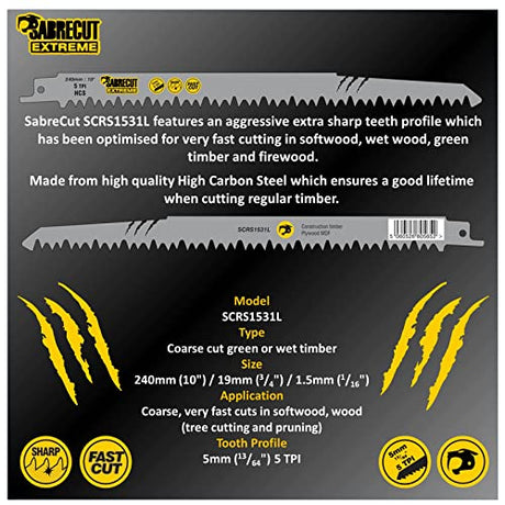 10 x SabreCut SCRS1531L_10 9 29/64" (240mm) 5 TPI S1531L Very Fast Wood Cutting Reciprocating Sabre Saw Blades Compatible with Bosch Dewalt Makita SabreCut