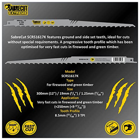 10 x SabreCut SCRS1617K_10 12" (300mm) 3 TPI S1617K Very Fast Wood Cutting Reciprocating Sabre Saw Blades Compatible with Bosch Dewalt Makita and SabreCut
