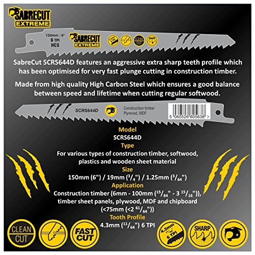 10 x SabreCut SCRSKW10A Mixed S644D S1531L S2345X Fast Wood Cutting Reciprocating Sabre Saw Blades Compatible with Bosch Dewalt Makita and many SabreCut