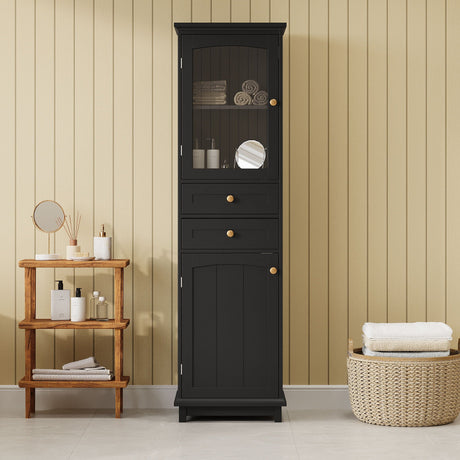 Tall Bathroom Storage Cabinet With Glass Doors, Free-Standing, Two Drawers, And Adjustable Shelves, Board, Painted Perfect For Displaying Your Favorite Items HouseOfZazla