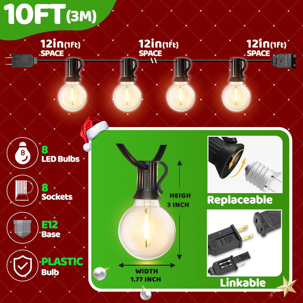 10FT LED Outdoor String Lights - Waterproof Patio Lights Shatterproof G40 Edison Globe Bulb, Connectable Hanging Outdoor String Lighting for Indoor Backyard Yard Gazebo Porch Party Decor - SOLROS SOLROS STUDIO