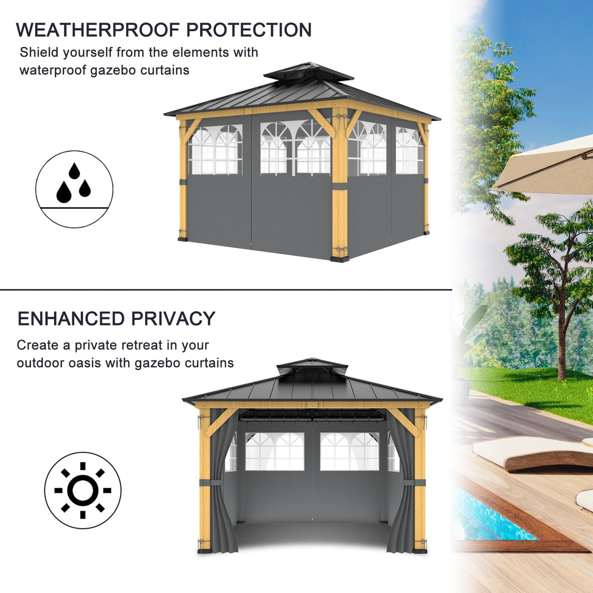 10ft x 12ft Gazebo Curtains,Privacy Replacement Sidewall with Church Window,4-Panel Universal Shade Curtains Set,Protecting Side Walls (Only Curtain)-Grey Zupoquk