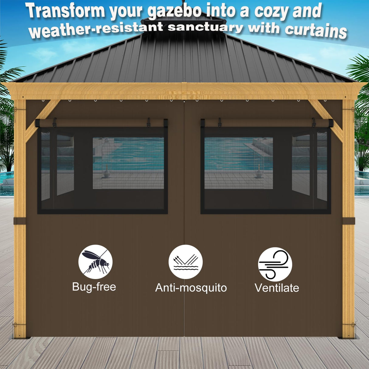 10ft x 12ft Gazebo Curtains,Privacy Replacement Sidewall with Roll-up Mosquito Net Windows, 4-Panel Universal Shade Curtains Set,Protecting Side Walls (Only Curtain)-Brown Zupoquk